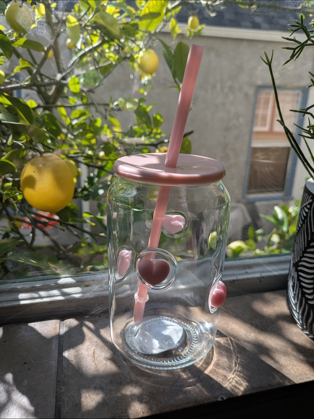 Clear Glass Tumbler with Pink Heart Straw Lid - Picture 4 of 4